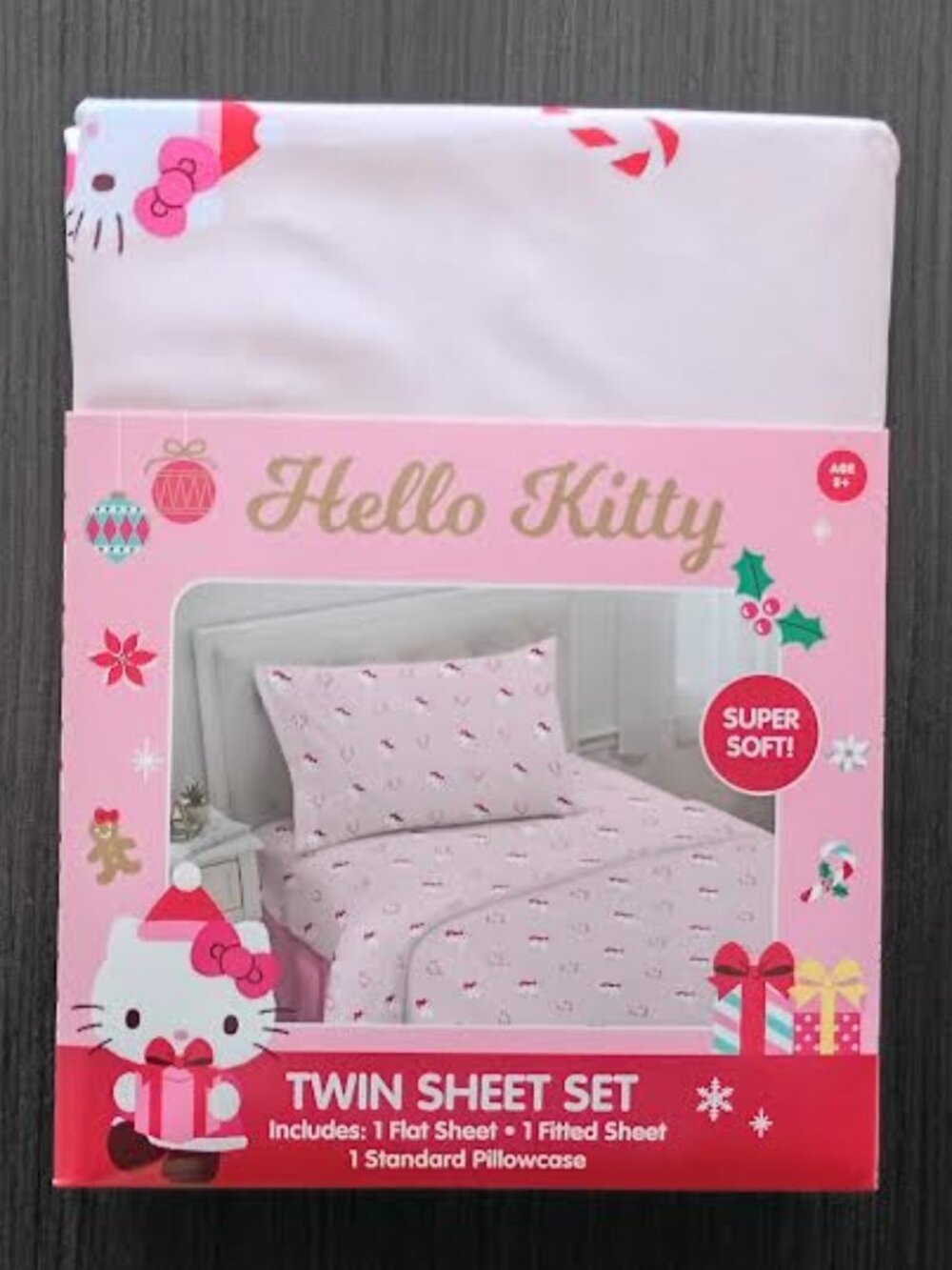HELLO KITTY TWIN SHEET SET PINK CHRISTMAS HEART CANDY CANE LOVE NWT